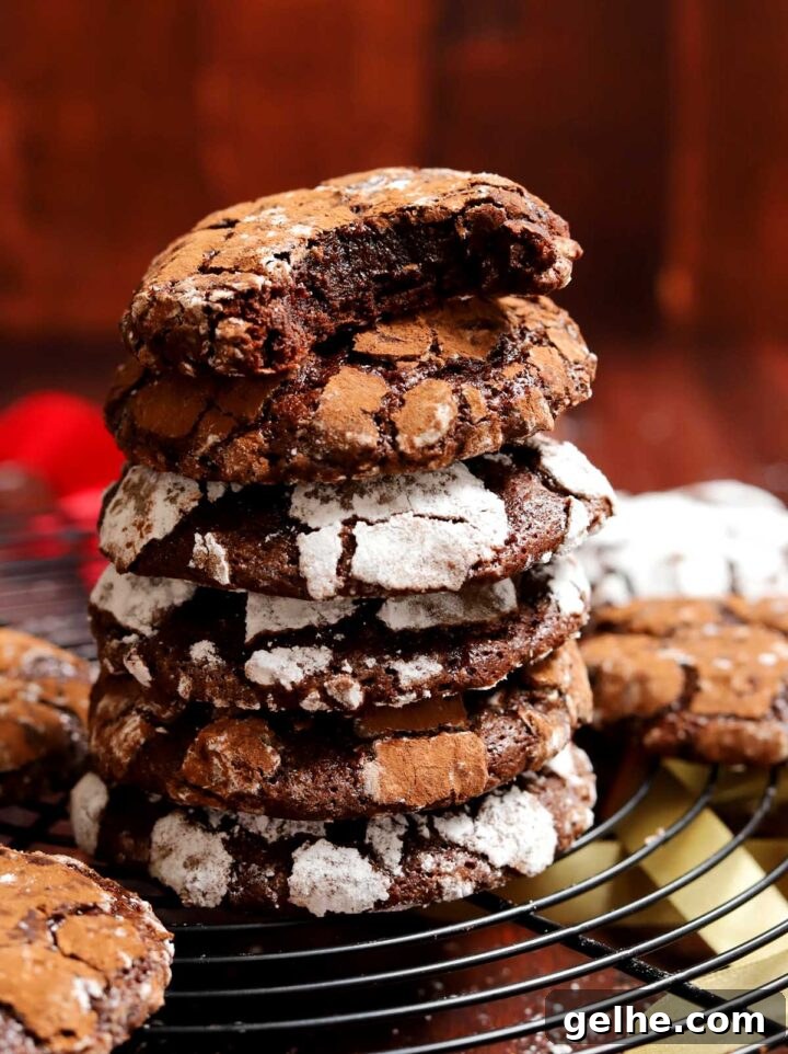 stack of double chocolate crinkle cookies on cooling rack with bite from cocoa crinkle