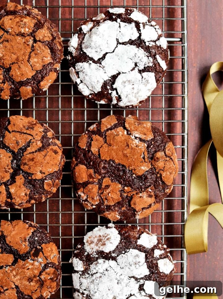 double chocolate crinkle cookies on cooling