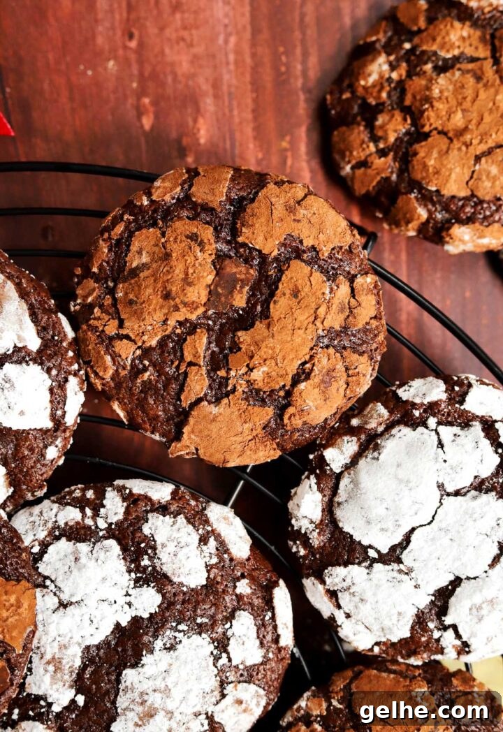 double chocolate crinkle cookies on cooling rack