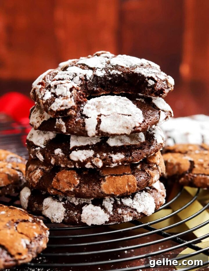 stack of double chocolate crinkle cookies on cooling rack with bite from white crinkle