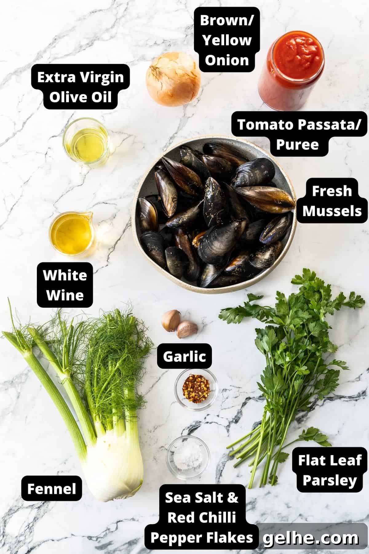 Ingredients in this recipe on a white marble background.