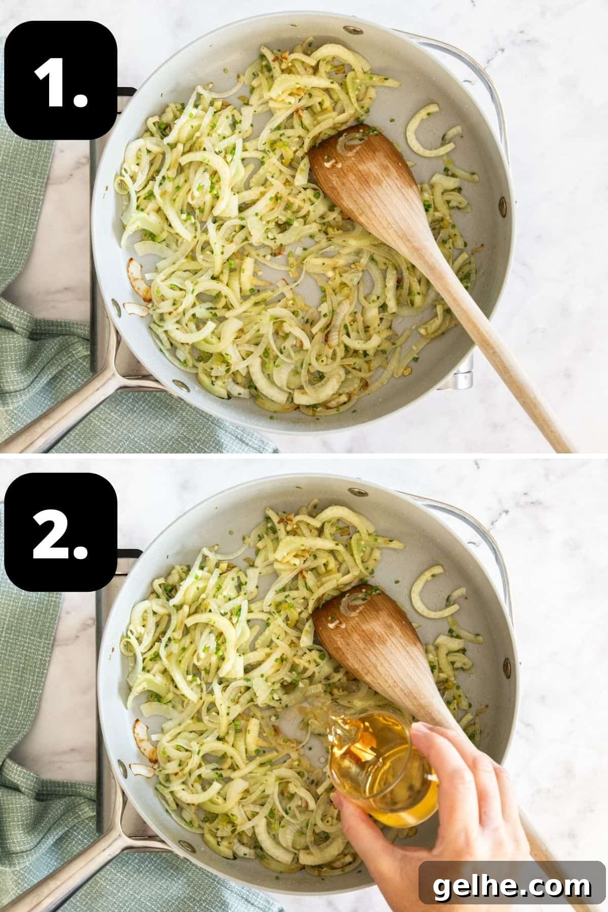 Steps 1-2 of preparing this recipe: sautéing the fennel, onion and garlic in a frying pan and adding the white wine.