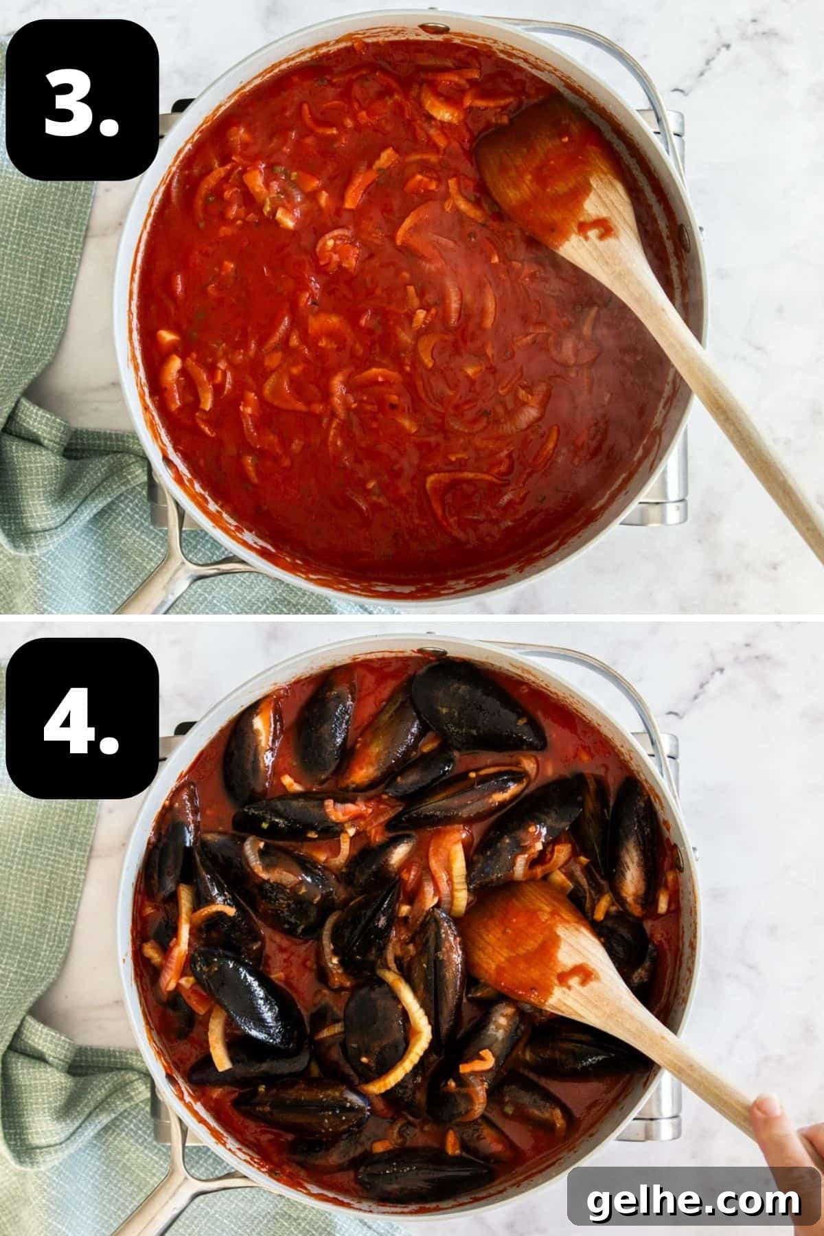 Steps 3-4 of preparing this recipe: simmering the tomato sauce before adding the mussels.