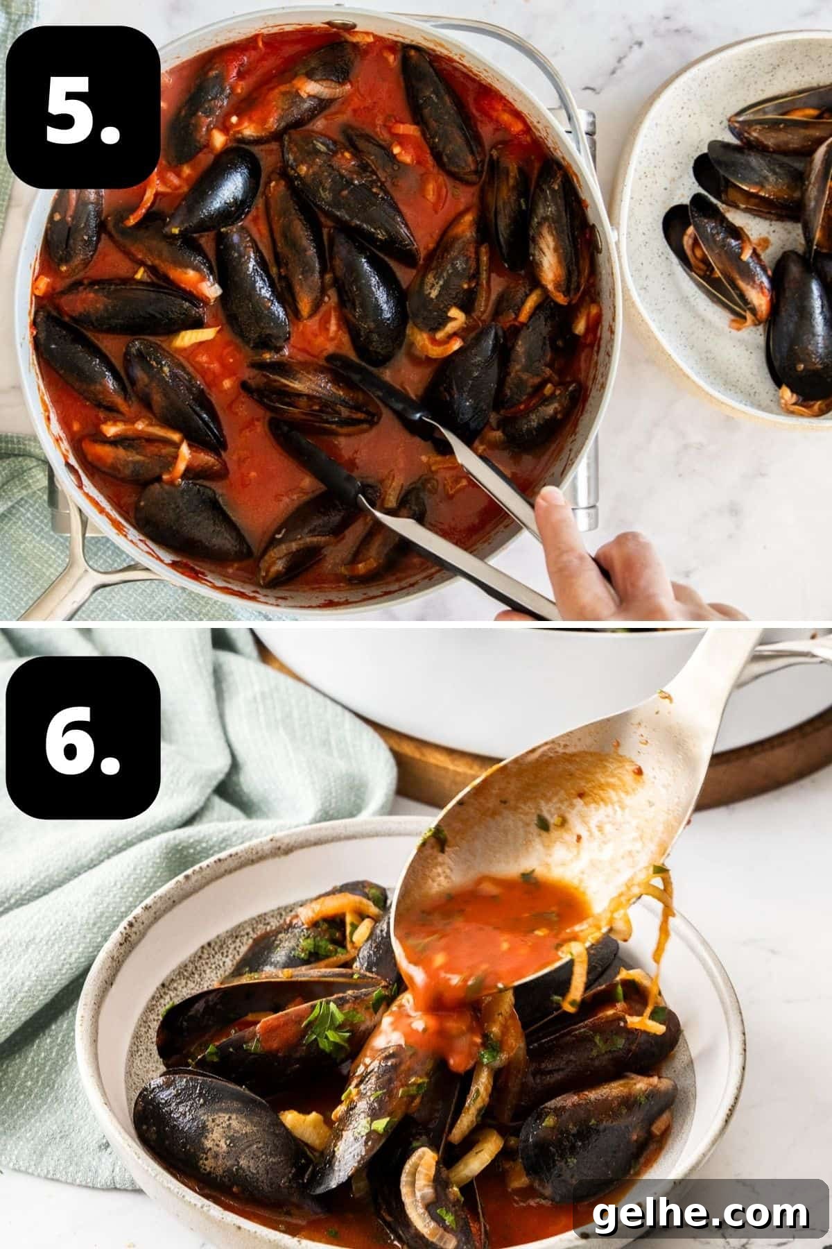 Steps 5-6 of preparing this recipe: removing the mussels as they open and are cooked, and serving the mussels.