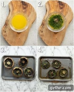 4 step by step photos showing how to make garlic butter portobello mushrooms
