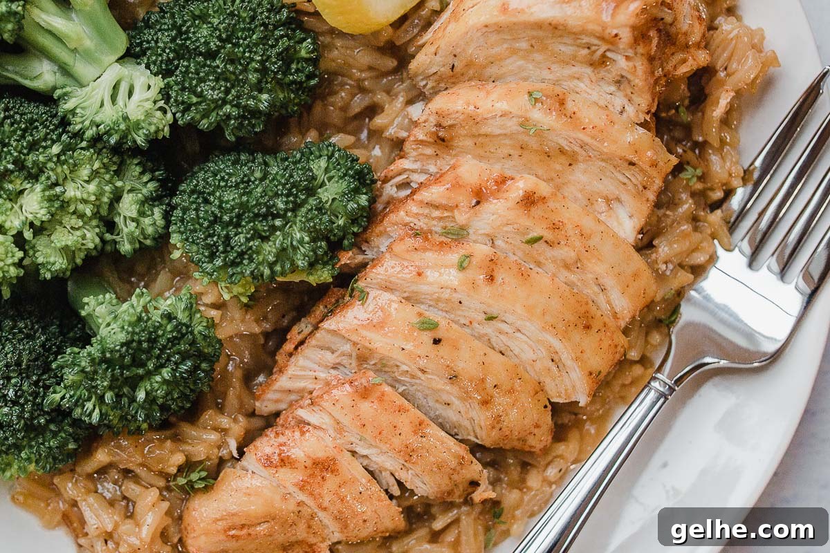 Close up photo of sliced chicken over a bed of rice.
