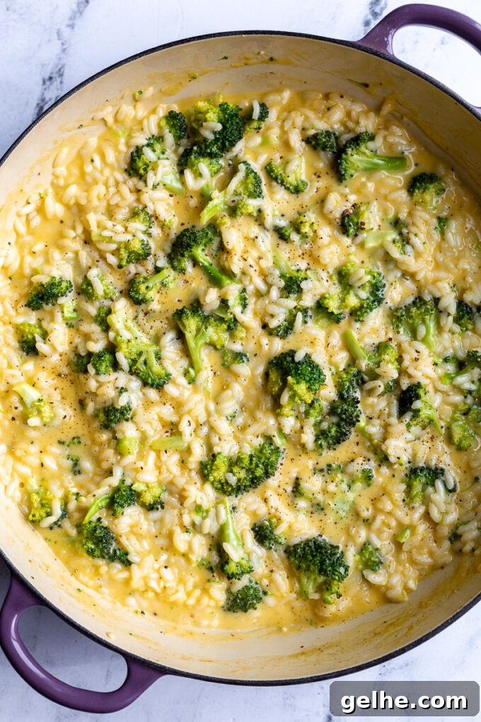 Making a cheesy broccoli rice in a large pot.