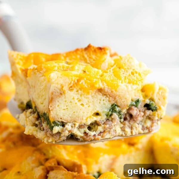 Breakfast casserole being scooped from casserole dish.