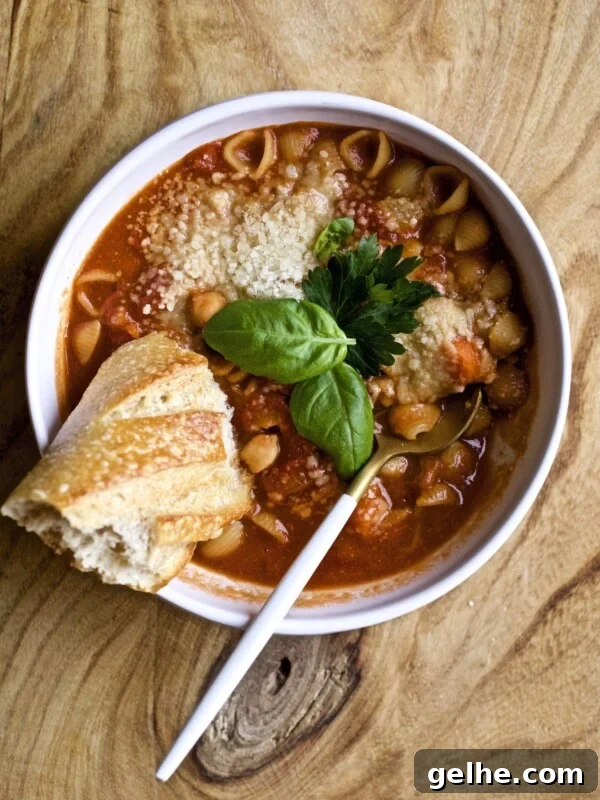 of pasta e ceci chickpea soup with bread on the side