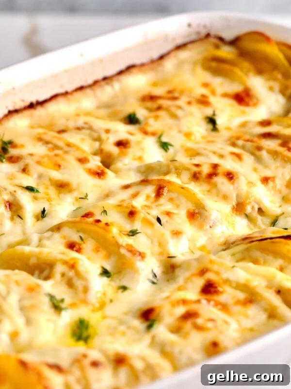 Baking dish of homemade au gratin potatoes.