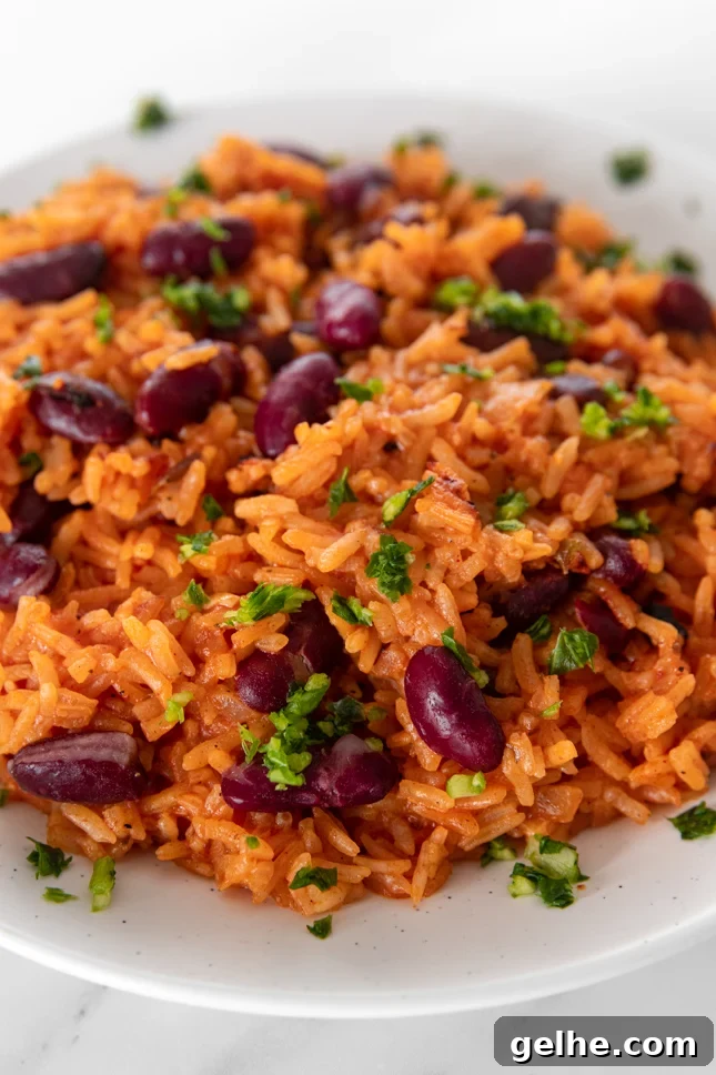 Close-up shot of a plate of Spanish rice and beans