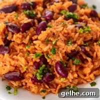 Square photo of a plate of Spanish rice and beans