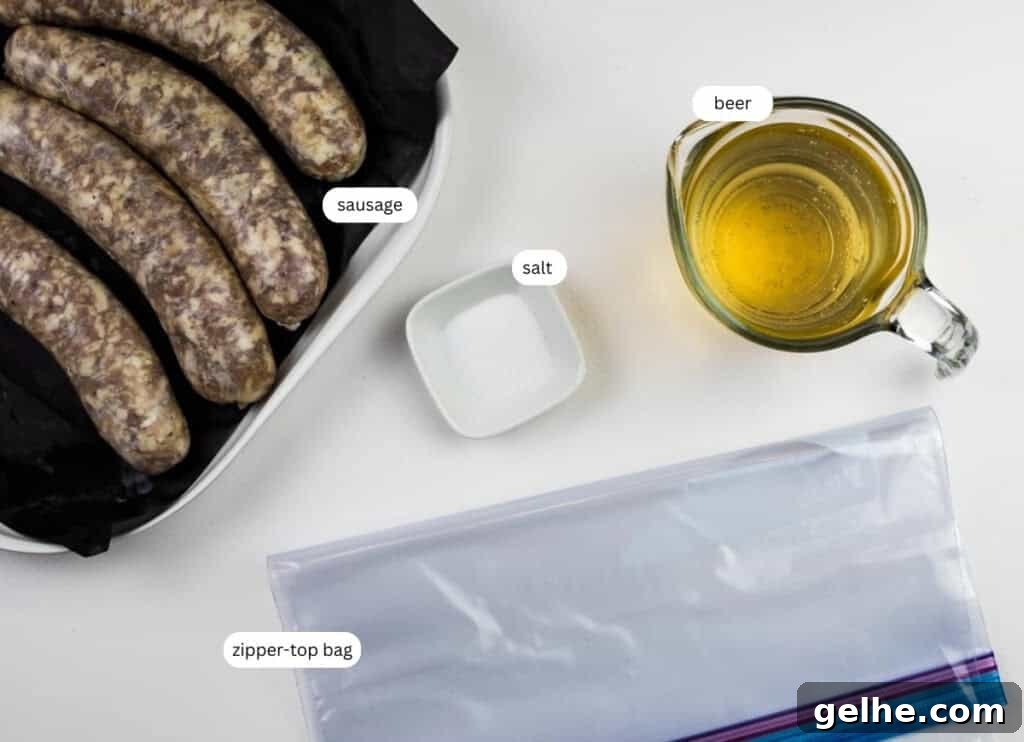 Raw sausages in a dish, a small bowl of salt, a measuring cup of beer, and an empty zipper-top bag are arranged on a white surface.