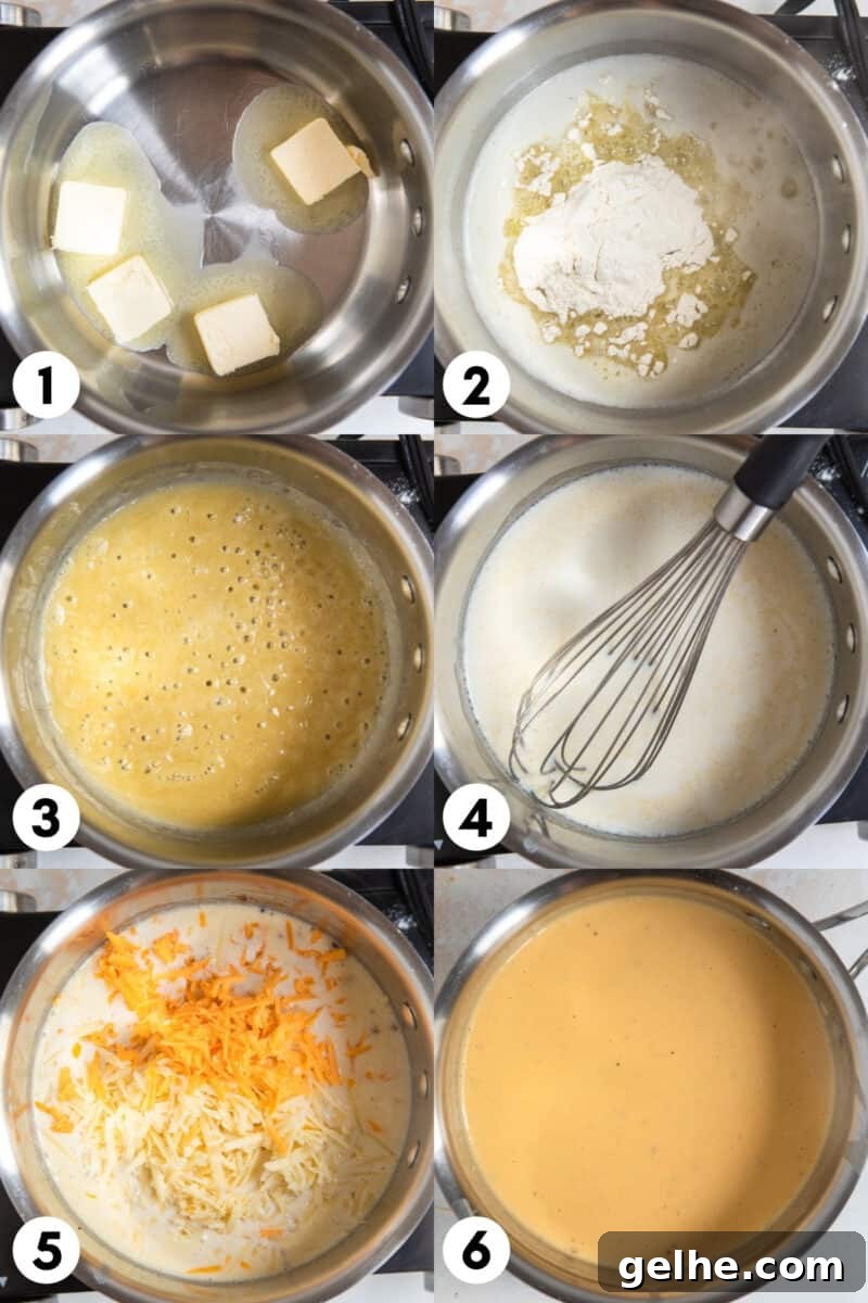Steps to make gruyere mac and cheese sauce.