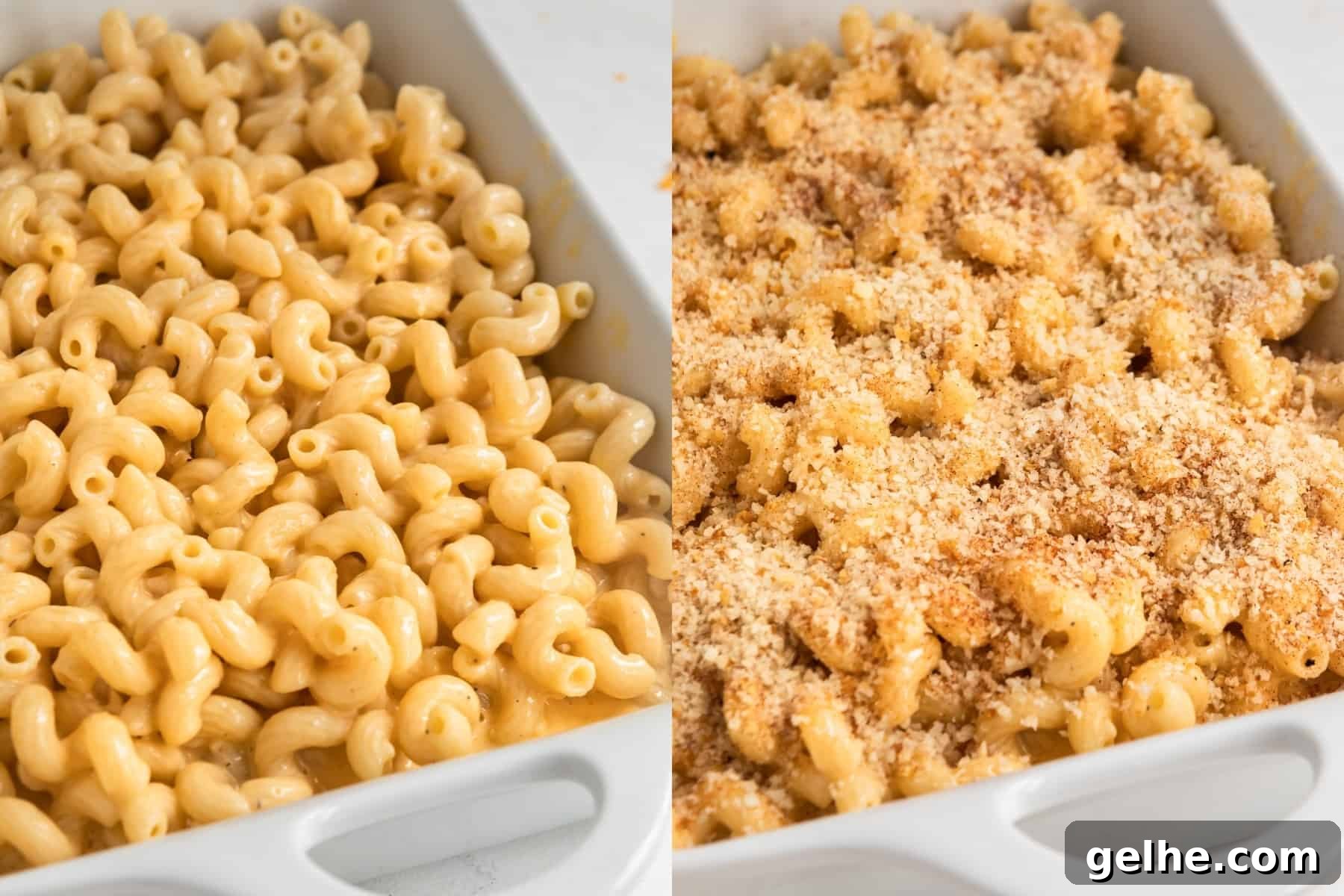 Gruyere mac and cheese in casserole dish before baking with breadcrumbs on top.