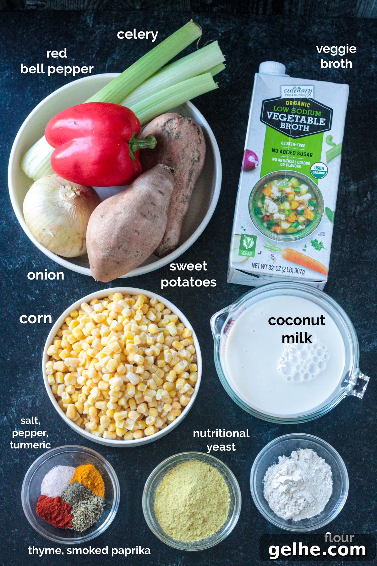 Recipe ingredients arrayed in individual bowls.