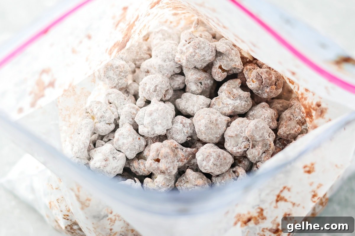 Puppy Chow Popcorn is an irresistible sweet and salty snack that's easy to make and guaranteed to be a hit. The chocolate coated Popcorn covered with powdered suagr in a Ziplock bag.