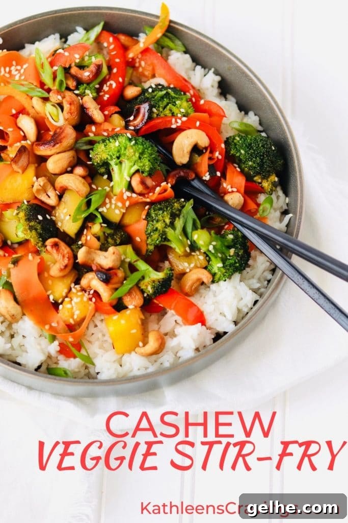 Cashew Veggie Stir-Fry in bowl with chopsticks text