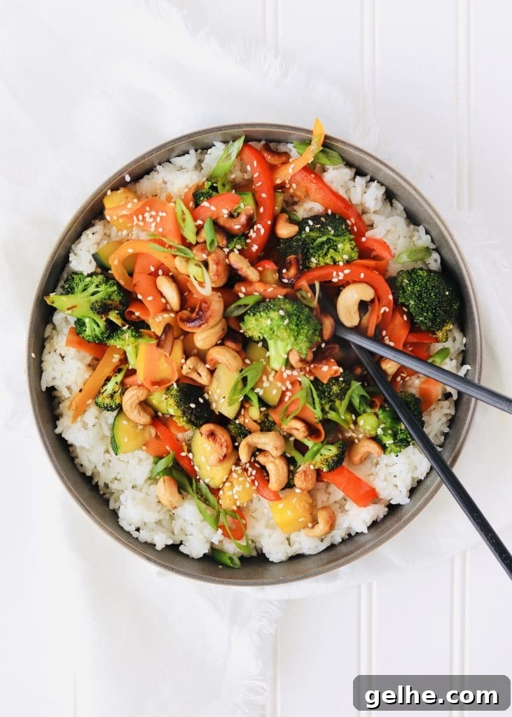 cashew veggie stir fry over rice center