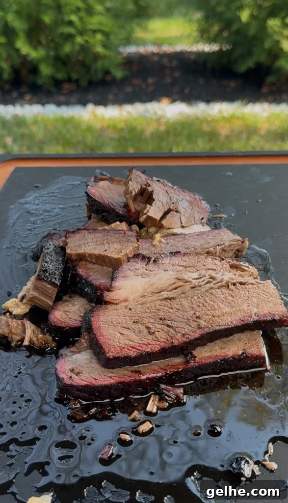 cut up brisket on the cutting board