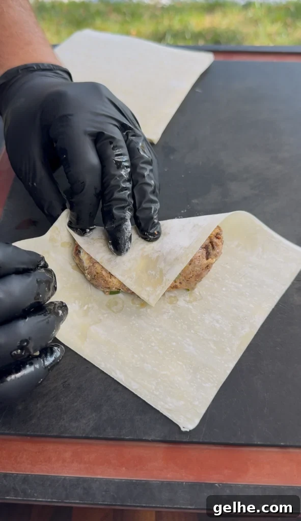 folding the filling with an egg roll