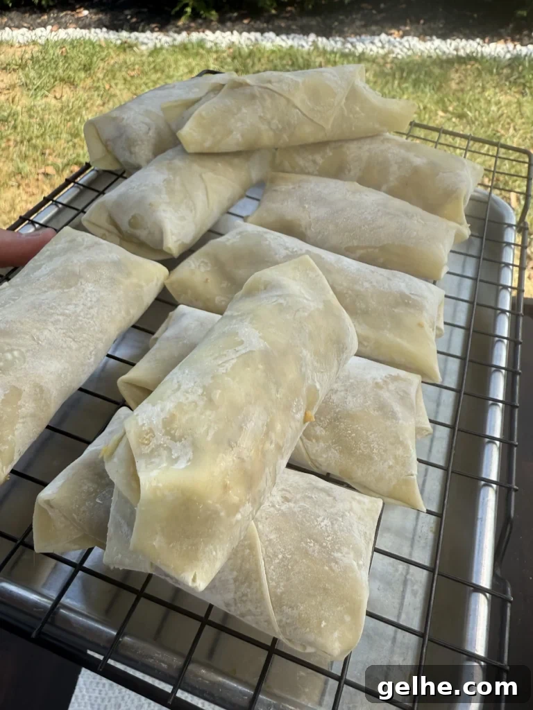 egg rolls on the resting rack before frying