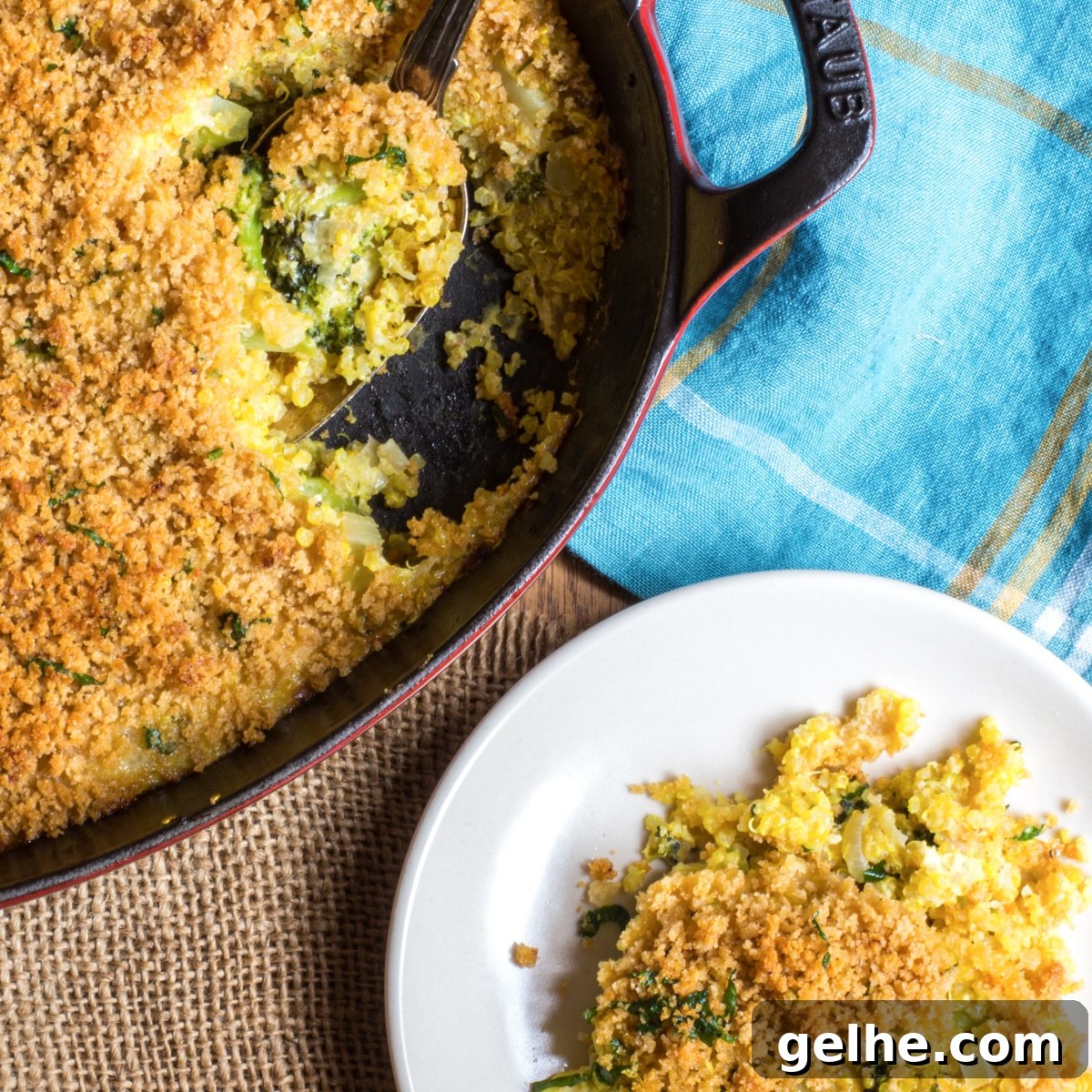 17 Delicious Vegetarian Easter Dinner Ideas for a Memorable Feast 12 A pan filled with a broccoli cheese casserole and one scoop on a plate.
