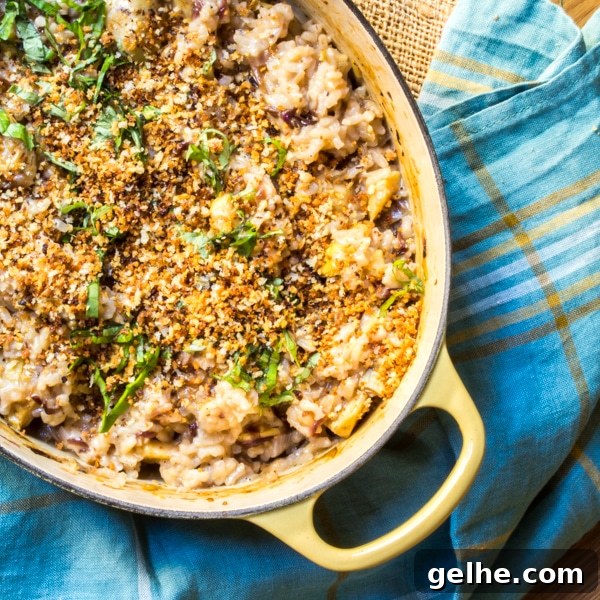 17 Delicious Vegetarian Easter Dinner Ideas for a Memorable Feast 13 A pot of baked risotto with artichokes and radicchio, topped with parsley and breadcrumbs.