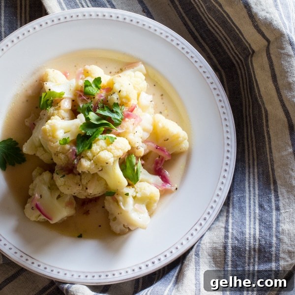 17 Delicious Vegetarian Easter Dinner Ideas for a Memorable Feast 10 Cauliflower florets and pickled onions cooked in a scampi sauce of butter, garlic and olive oil. A little parsley is on top.