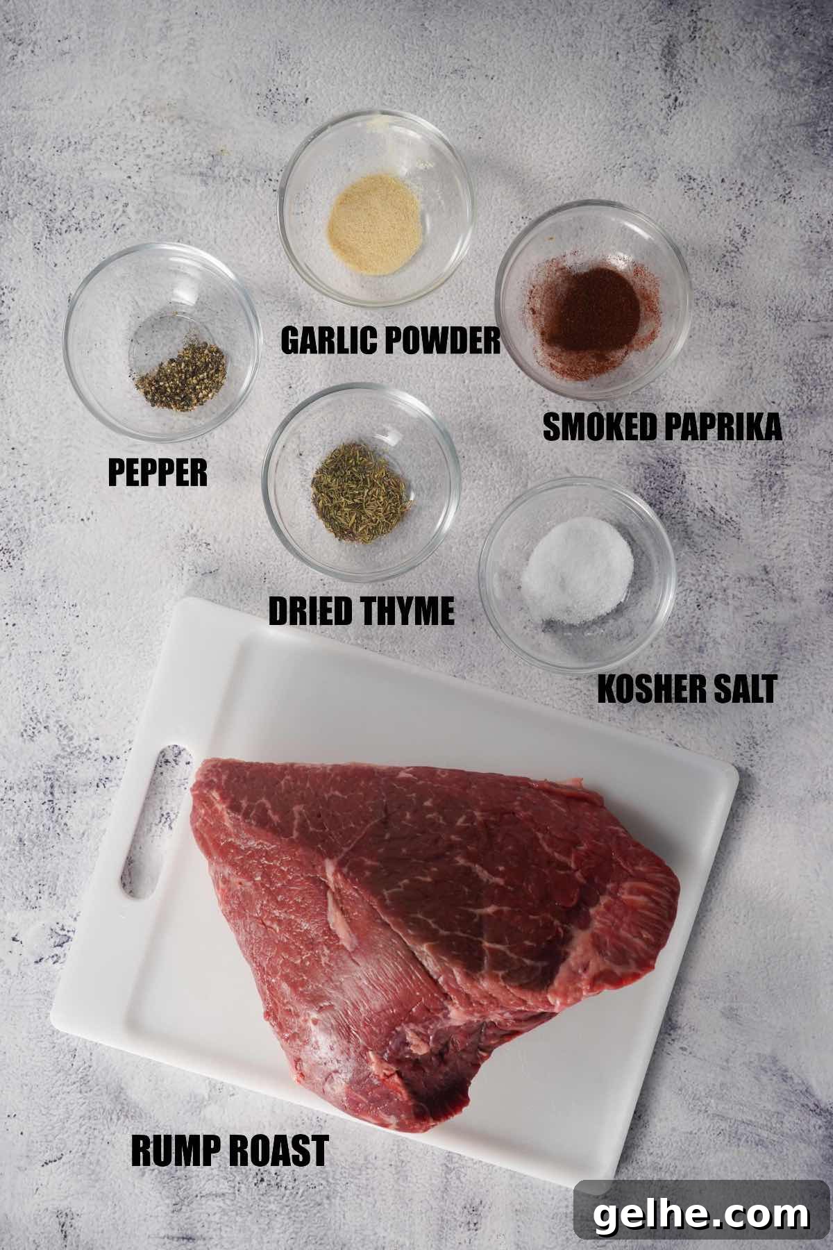 Smoked rump roast ingredients labeled with text.