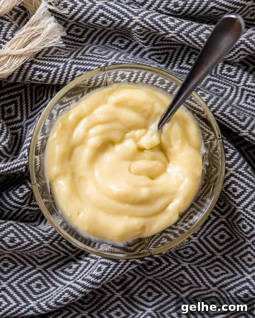 top view of a bowl of vanilla pudding