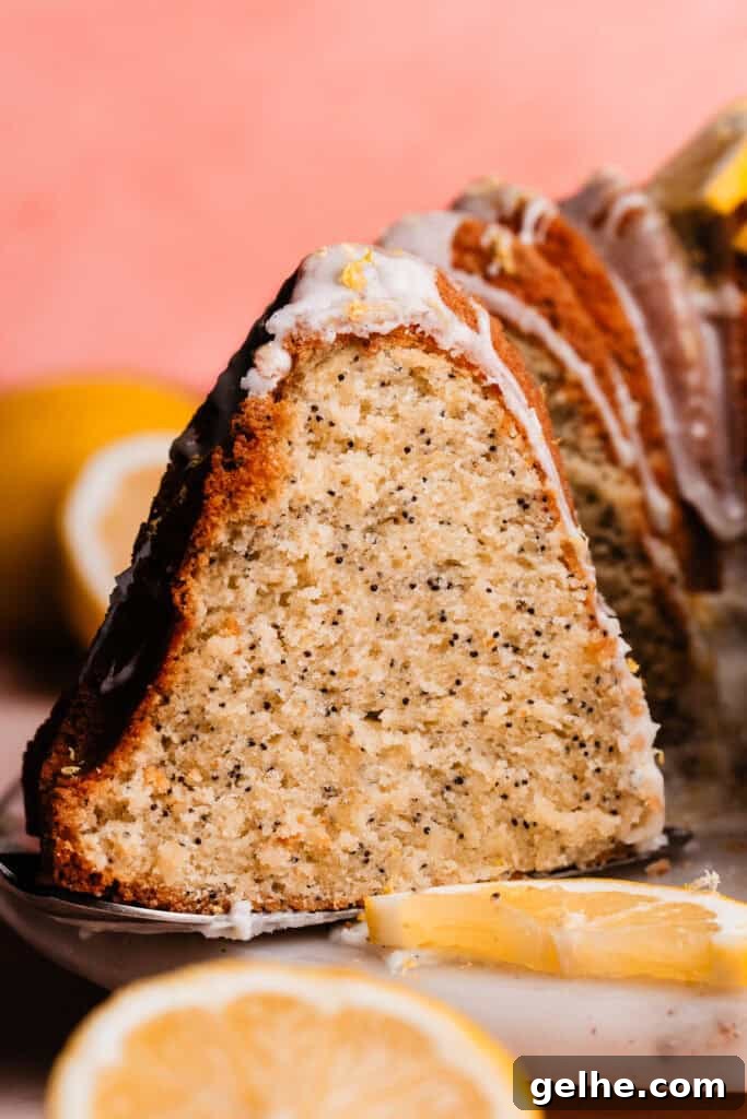 Moist Lemon Poppy Seed Bundt Cake Recipe with Zesty Glaze 13 A close-up on a slice of the lemon poppyseed bundt cake, standing on the cake plate.