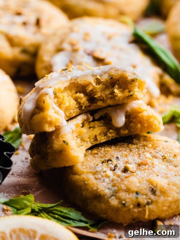 A stack of two lemon basil cookies with a lemon glaze.