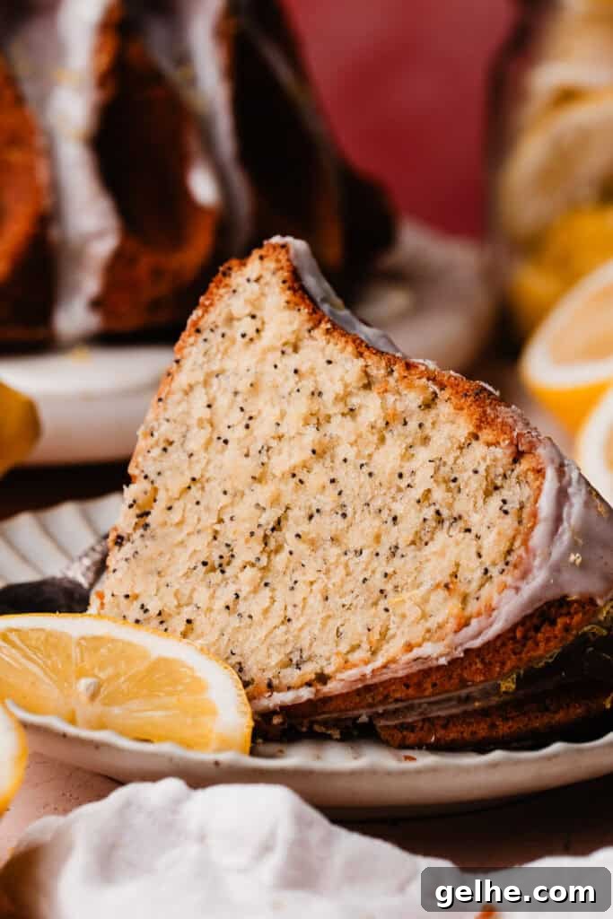 Moist Lemon Poppy Seed Bundt Cake Recipe with Zesty Glaze 4 A slice of tender lemon bundt cake on a plate.