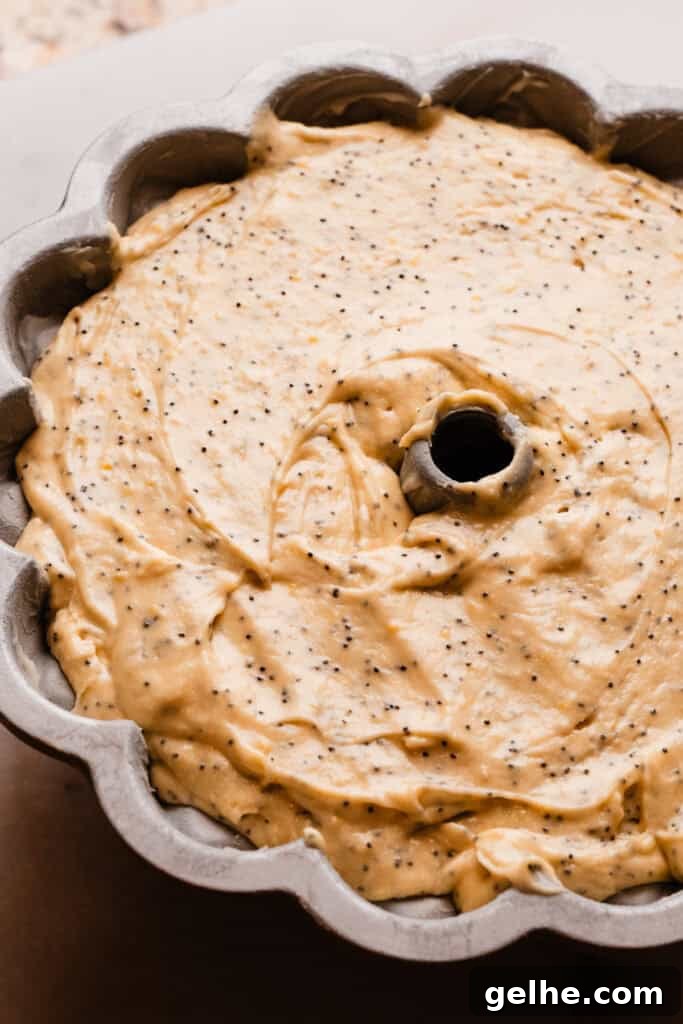 Moist Lemon Poppy Seed Bundt Cake Recipe with Zesty Glaze 9 The batter spread evenly in a 10-cup bundt pan.