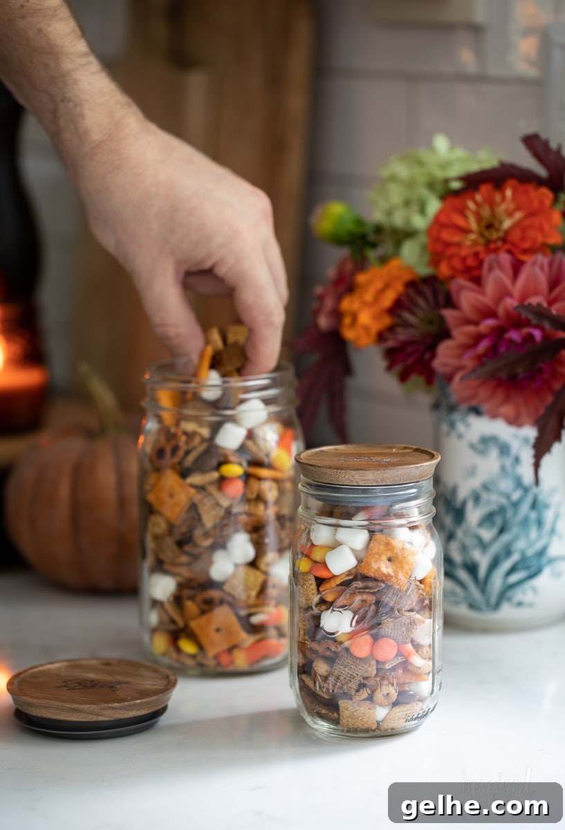 Sweet and Salty Fall Snack Mix in jars