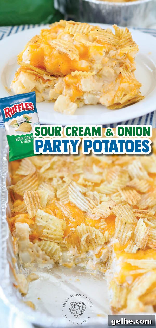 Sour Cream and Onion Party Potatoes! Sour Cream and Onion chips combined with diced hash browns in a cheesy French onion cream sauce.