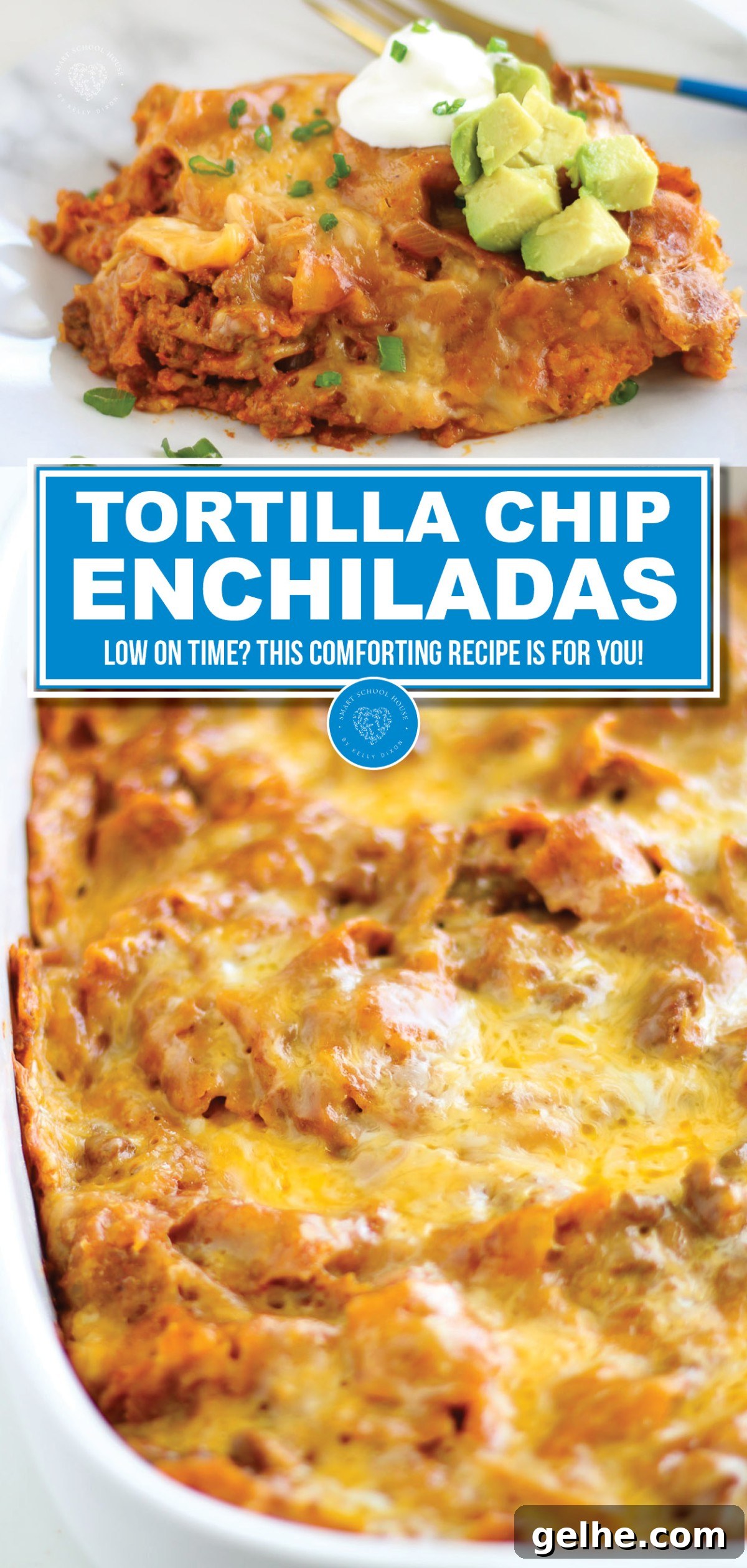 Tortilla Chip Enchiladas are made with beef or chicken, enchilada sauce, spices, cheese, and crispy tortilla chips.