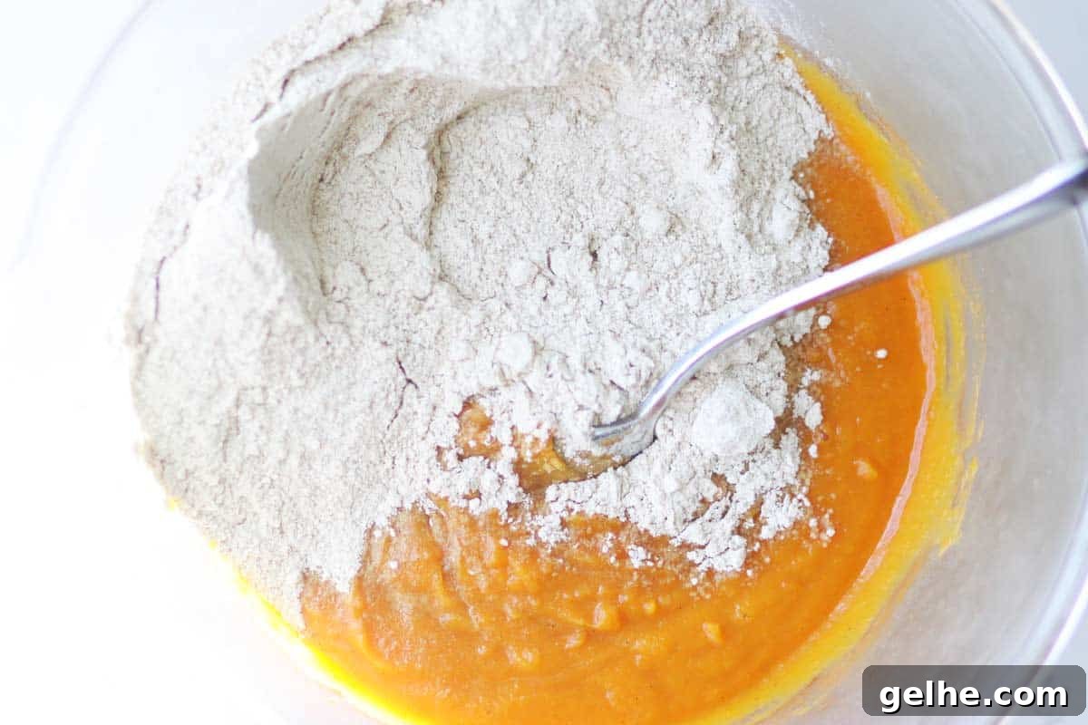 Chocolate Chip Pumpkin Muffins with Wholesome Ingredients 5 a mixture of dry and wet ingredients in a bowl of pumpkin muffin batter