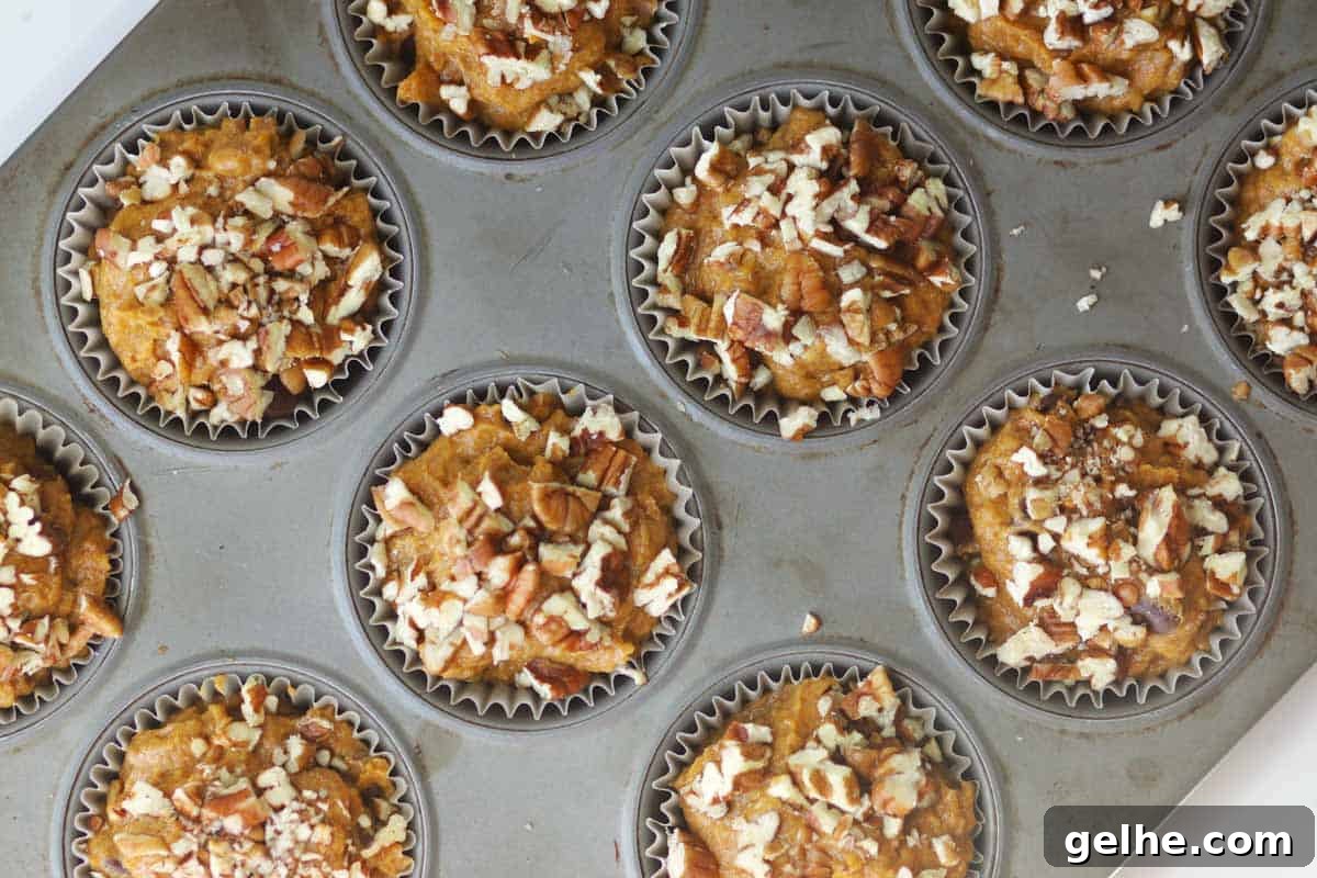 Chocolate Chip Pumpkin Muffins with Wholesome Ingredients 7 pumpkin muffins with chopped pecans in a muffin tin, ready to bake