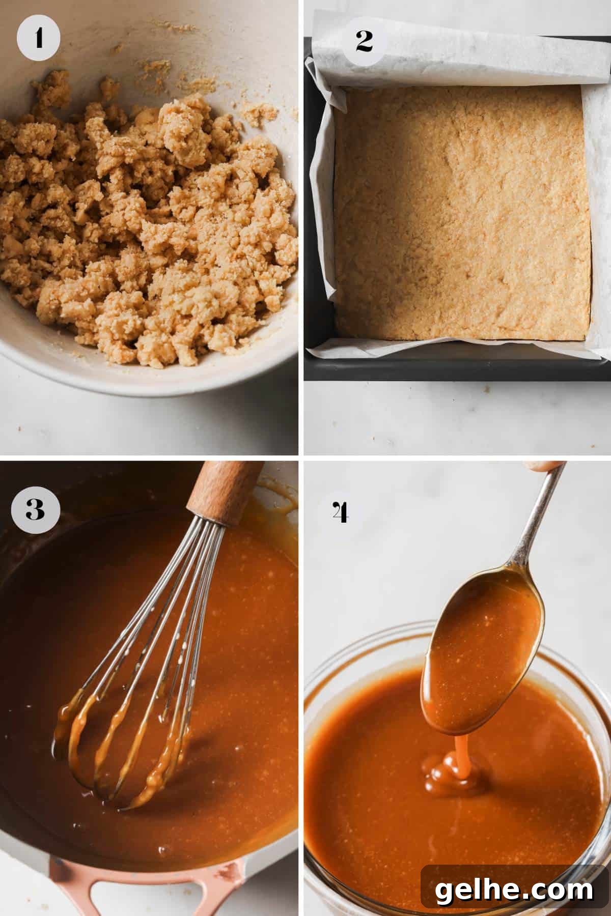 Steps to make recipe in mixing bowls with spoons and whisks.