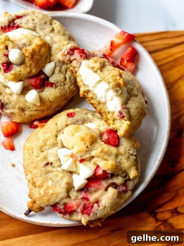 White plate with Strawberry Cheesecake Cookies on it.