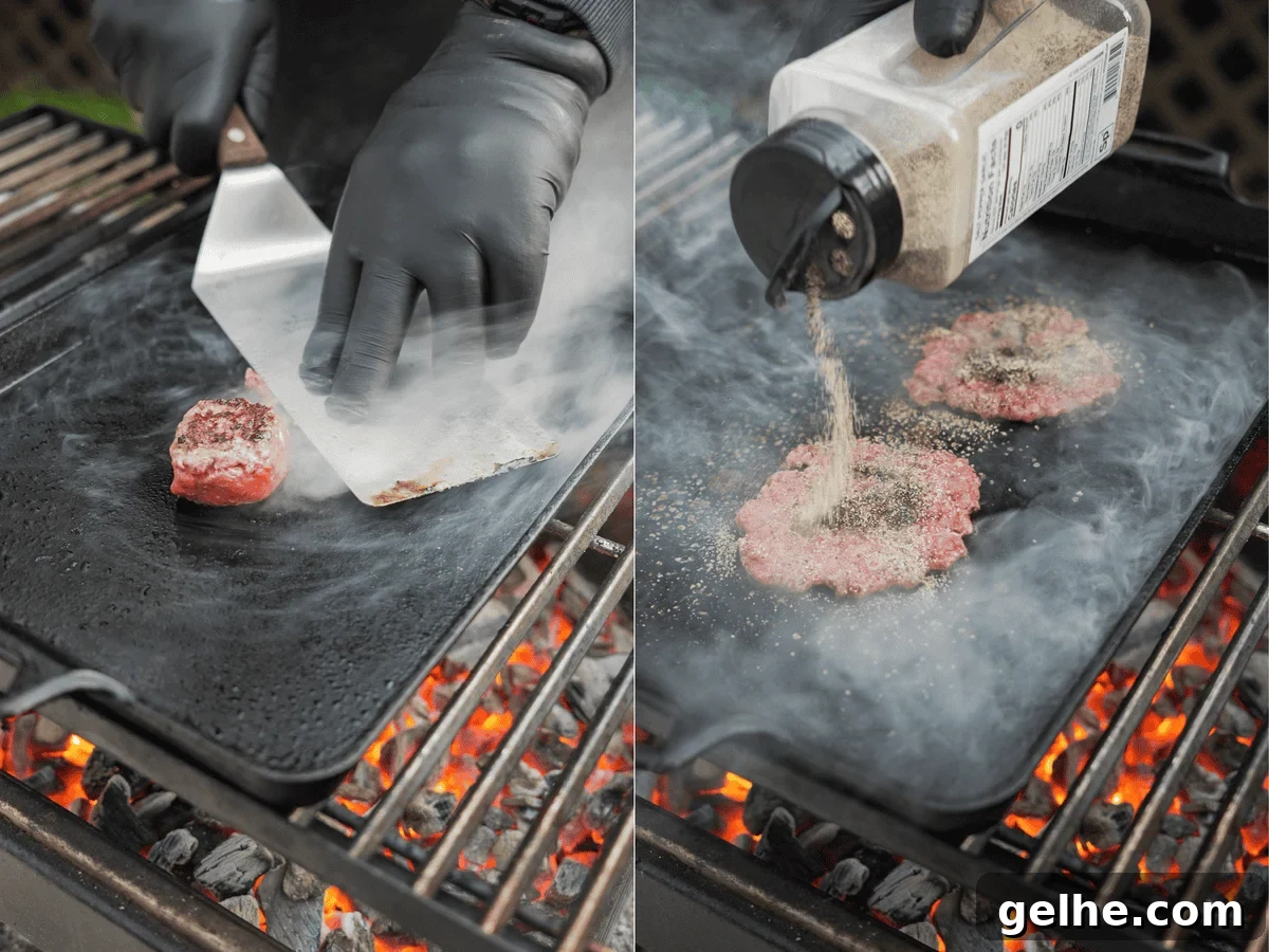 Gloved hands smashing beef patties with a heavy metal spatula and then seasoning with one of Derek Wolf's Spiceology rubs