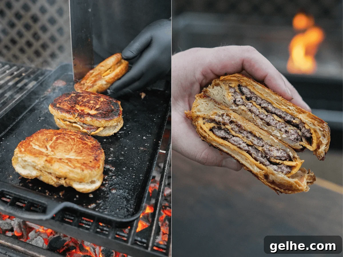 Gloved hands pulling toasted croissant smashburgers from the grill and then a hand holding a sliced croissant smashburger to show the beef patty texture