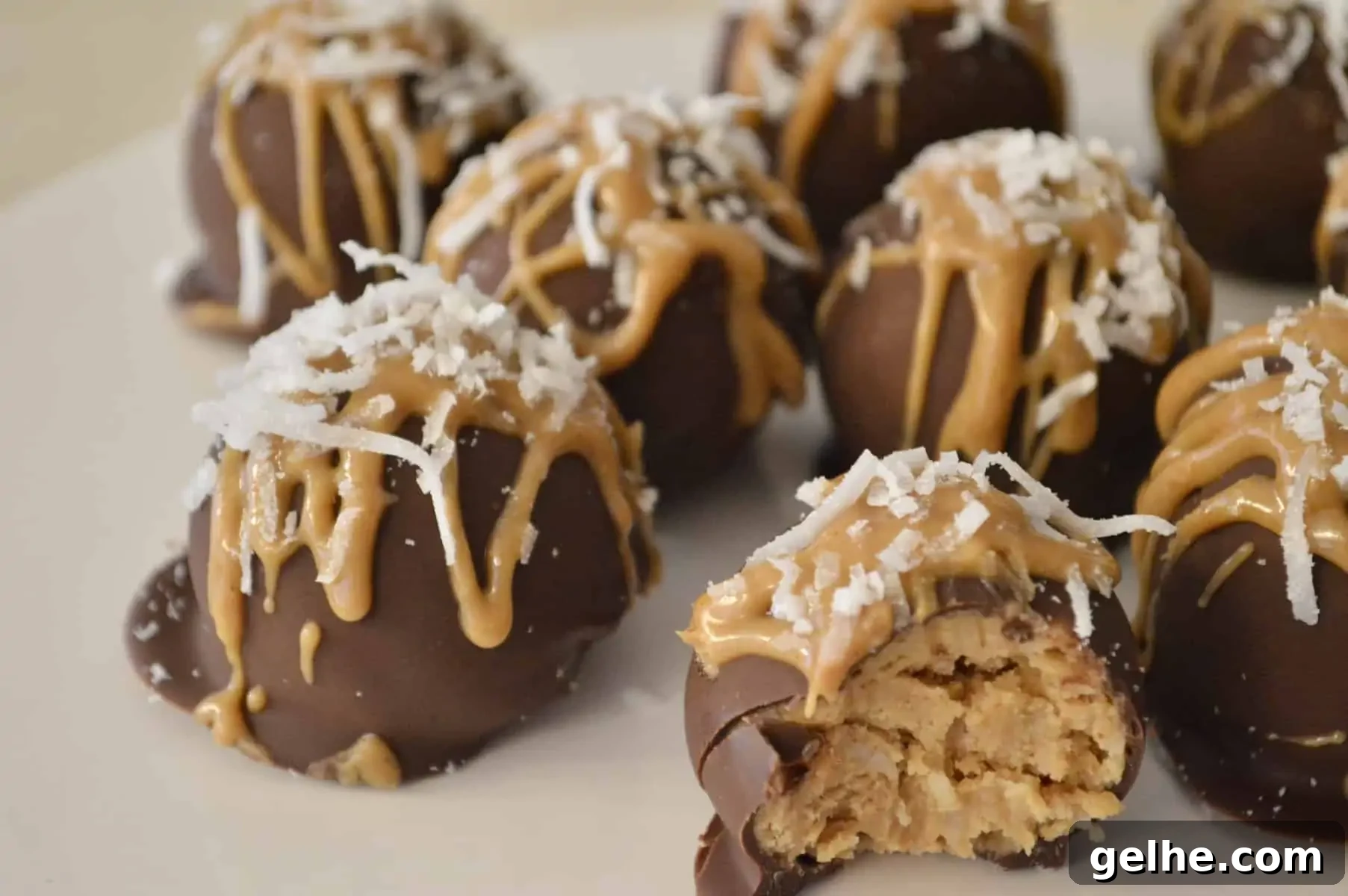 Peanut Butter Coconut Truffles Recipe — No-Bake Chocolate Bites 2 Peanut Butter Coconut Truffles on a white plate