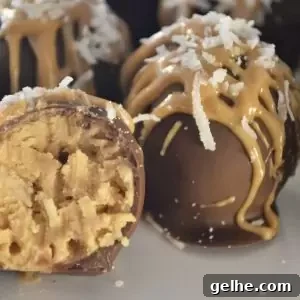 Peanut Butter Coconut Truffles Recipe — No-Bake Chocolate Bites 4 Peanut Butter Coconut Truffles on a white plate with a bite taken out of one