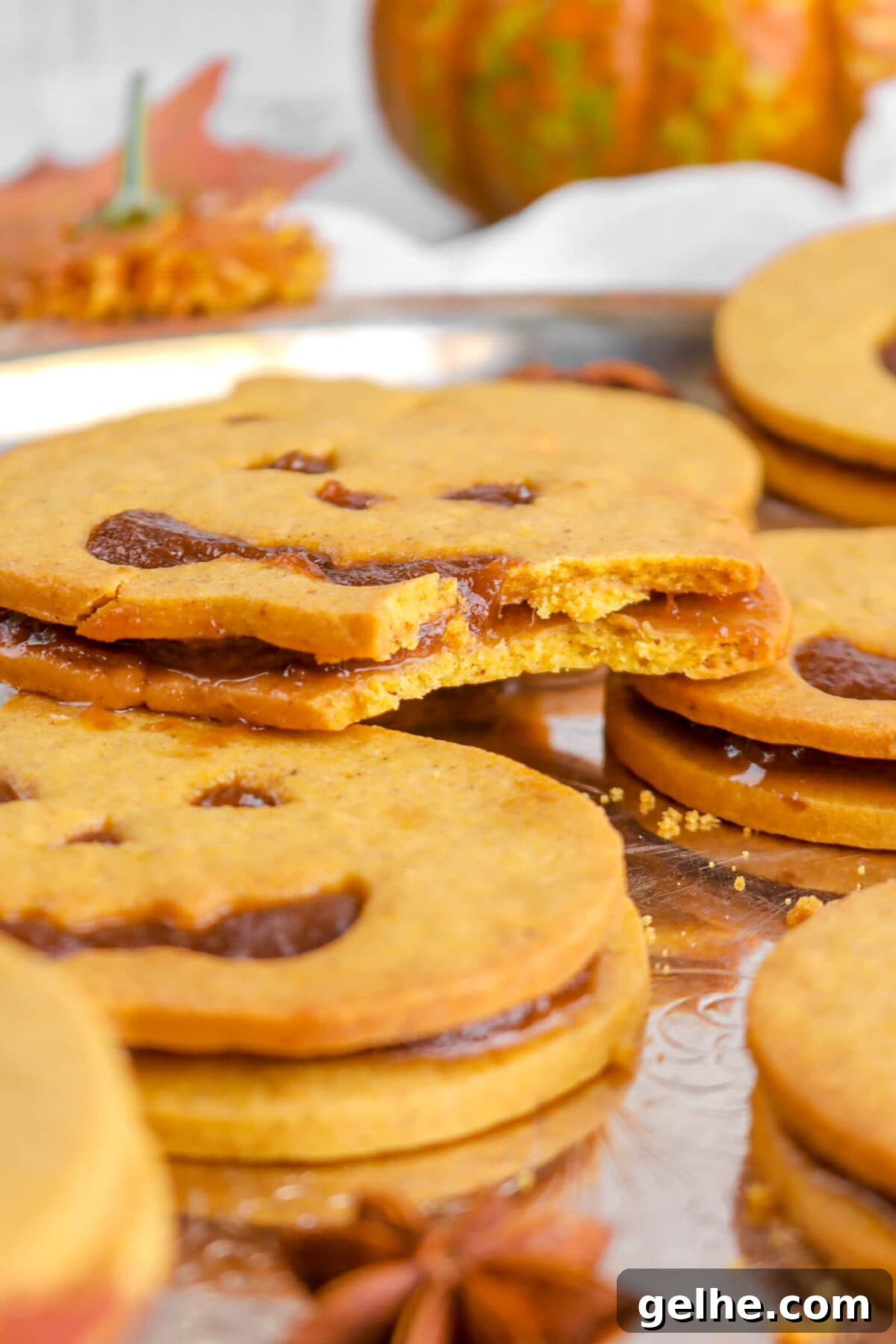 close up of sandwich cookie with bite missing stacked on two other cookies.