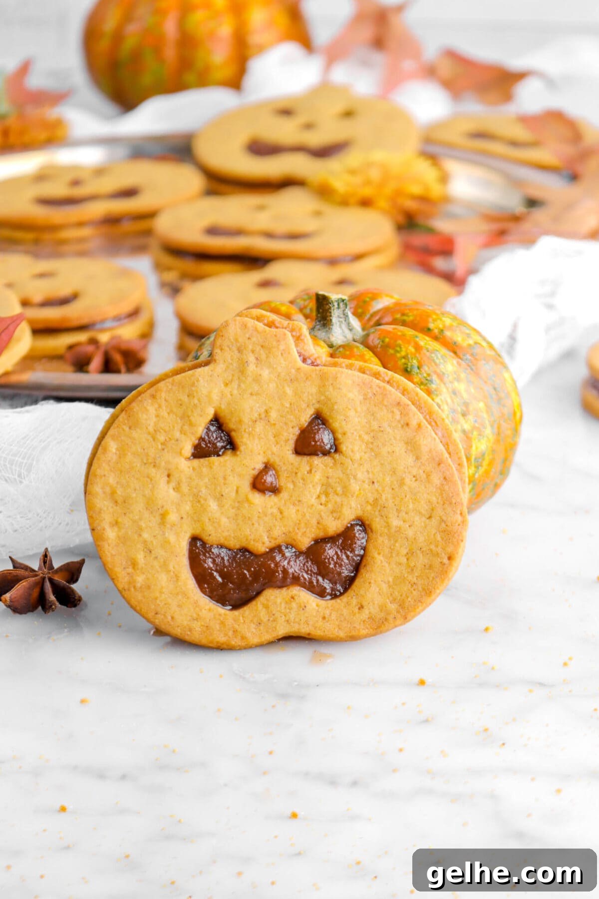 sandwich cookie leaning against mini pumpkin with star anise pod beside and tray of cookies behind.