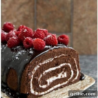 Easy Homemade Chocolate Cake Roll with Chocolate Ganache and Raspberries on Brown Tray