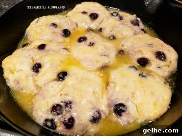 Melted butter is poured over the partially baked biscuits, then skillet goes back into oven.